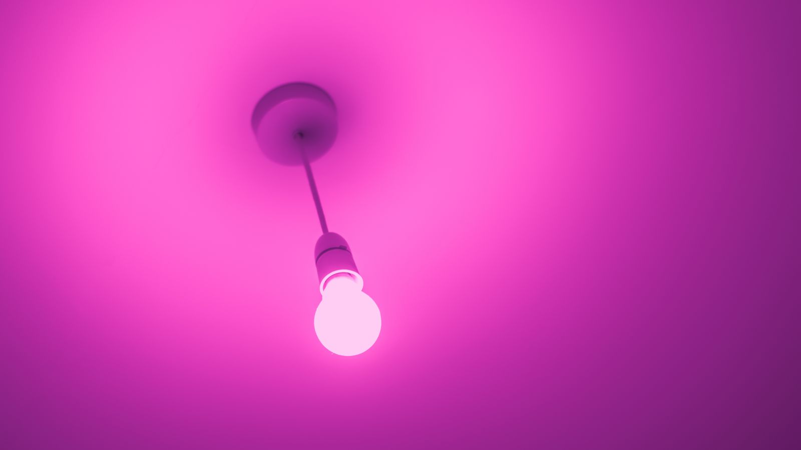 Bombilla inteligente encendida colgando del techo