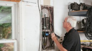 Electricista revisando un cuadro de fusibles en una vivienda